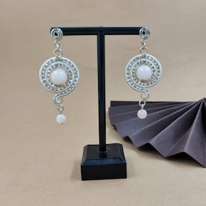 Aztec spiral earrings with Rose quartz, german silver wire ethnic earrings for women