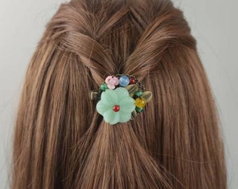 Tiny hair clip for fine hair with crystal flower and beads, flower hair barrette for women, decorative hair slide