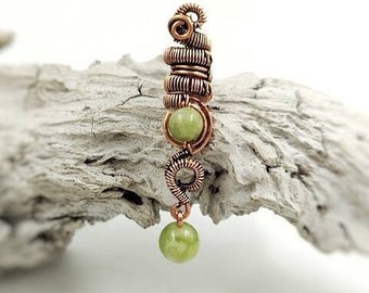 Dreadlock accessory with green jade beads, dread lock accessory with copper wire for hair wrapping