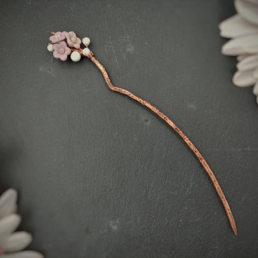 Kanzashi japonés para el cabello con flores rosas y piedras naturales,  palito para el cabello en forma de rama de árbol -  España