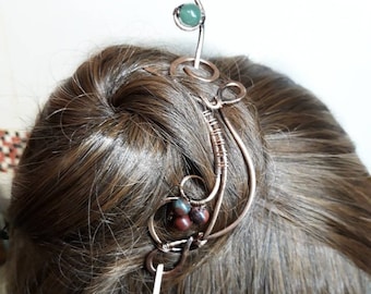 Copper hair comb for long hair, red jasper hair clip for her