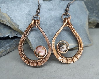 Rhodonite Edgy Earrings for her, Copper an silver wire dangle earrings with gemstones
