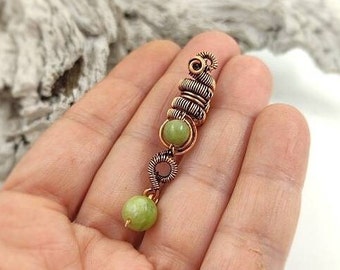 Dreadlock bead with green jade beads, dread lock accessory with copper wire for hair wrapping
