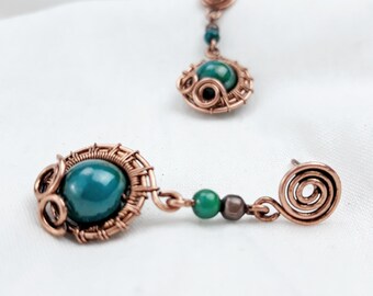 950 silver wire dangle earrings with chrysocolla beads, copper flat back earrings, handmade Art Deco earrings gift for mom