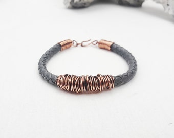 Bracelet en cuir avec fil de cuivre pour femme, bracelet tressé unisexe gris PU, cadeau pour son bracelet en fil de fer personnalisé