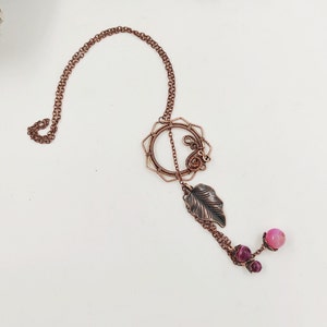 Layered necklace whit pink agate beads, copper wire pendant necklace for women, Christmas gift for her zdjęcie 6