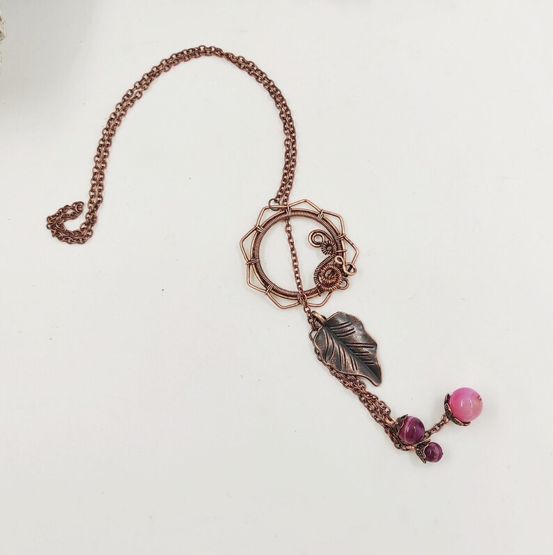 Layered necklace whit pink agate beads, copper wire pendant necklace for women, Christmas gift for her zdjęcie 6