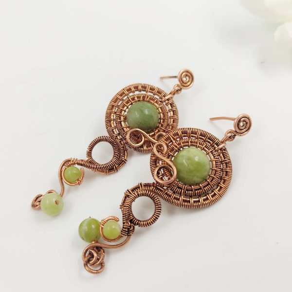 Ancient Greek long earrings with green Chinese jade beads, 950 silver or copper wire earrings