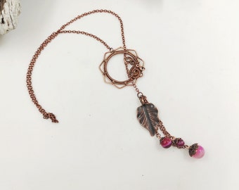 Layered necklace whit pink agate beads, copper wire pendant necklace for women, Christmas gift for her