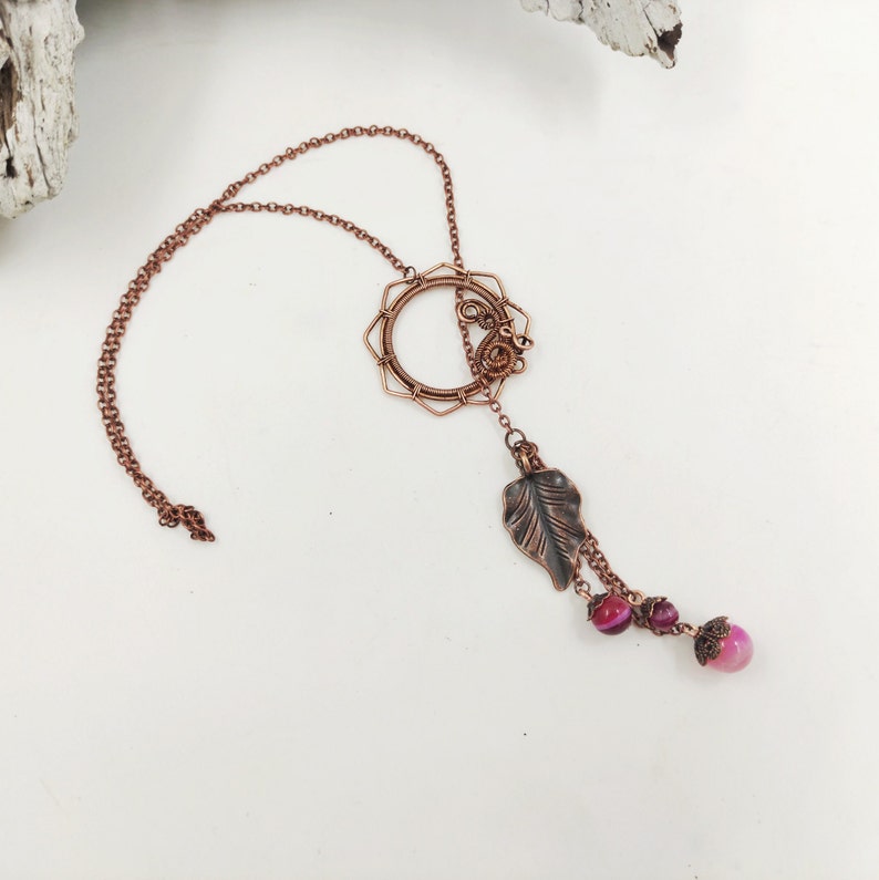 Layered necklace whit pink agate beads, copper wire pendant necklace for women, Christmas gift for her zdjęcie 1