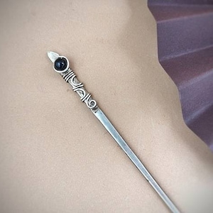 Silver plated hair stick with filigree and black onyx bead, German silver, brass or copper wire kanzashi