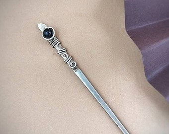 Silver plated hair stick with filigree and black onyx bead, German silver, brass or copper wire kanzashi