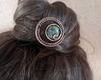 Copper wire hair stick with zoisite bead, hair accessory for chignon and updos