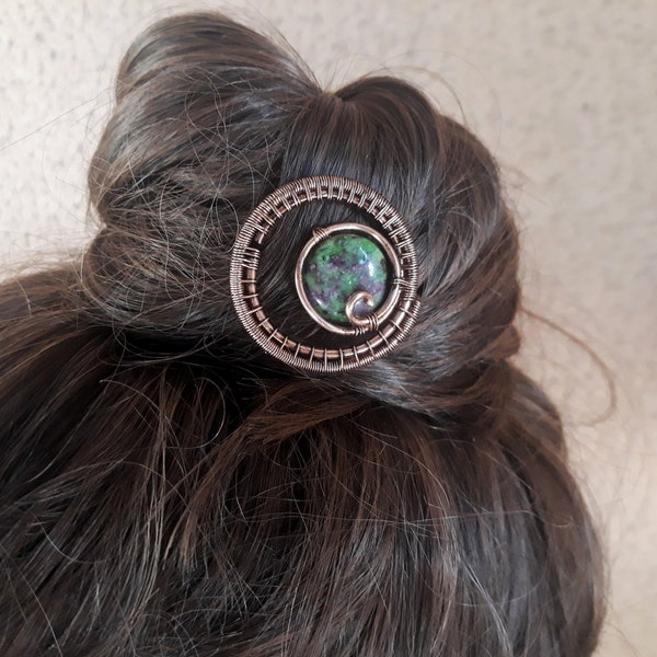 Bâton de cheveux en fil de cuivre avec perle de zoisite, accessoire capillaire pour chignon et chignons