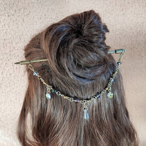 Greek style hair stick with chain and swarovski crystals, brass hair barrette with Austrian crystal tear drop