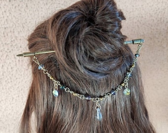 Greek style hair stick with chain and swarovski crystals, brass hair barrette with Austrian crystal tear drop
