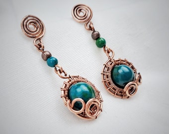 Boucles d’oreilles pendantes délicates avec perles de chrysocolle, boucles d’oreilles à dos plat, boucles d’oreilles Art déco faites à la main, cadeau pour maman