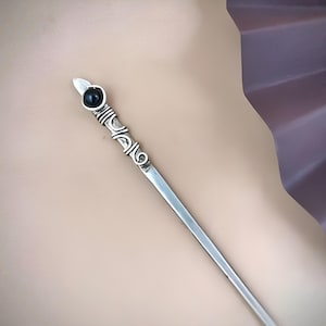 Silver Filigree Hair Stick with Black Onyx Bead, German Silver, Brass, or Copper Kanzashi