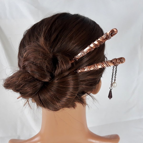 kanzashi avec perle swarovski et perle d'eau douce, ensemble de 2 baguettes à cheveux de style japonais avec filigrane, bâtons à cheveux en fil de cuivre