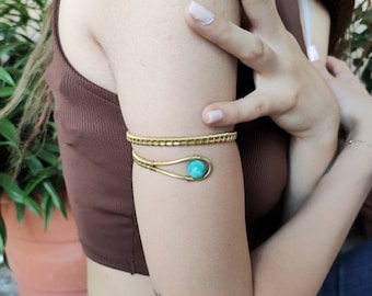 Golden upper arm bracelet for women, handmade upper arm cuff with blue amazonite stone for her