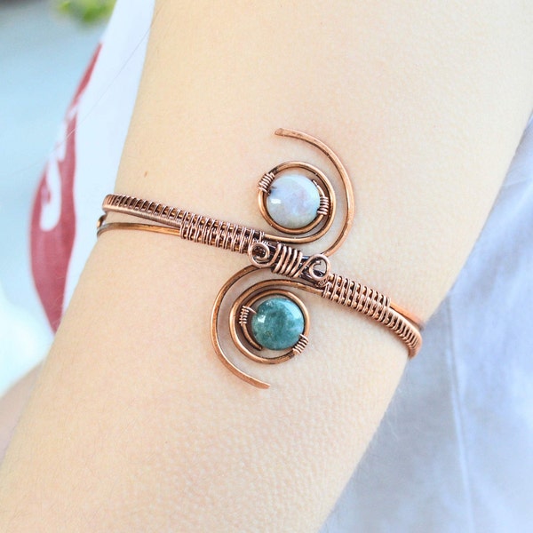 Upper arm cuff egyptian revival heady wire wrap indian agate jewelry for women, Copper cuff bracelet with natural stones