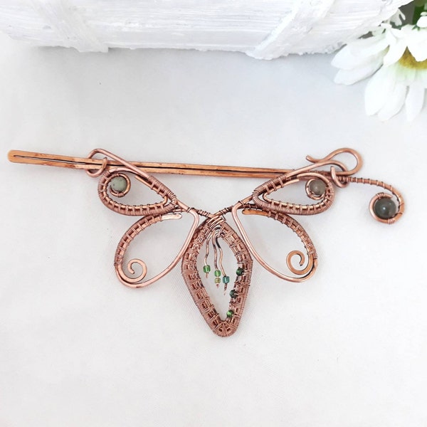 Succulent Hair Comb Heady Wire Wrap Hair Slide, Agate Beads Hair Barrette, Hair Accessory For Bun, Copper Metal Hair Fork