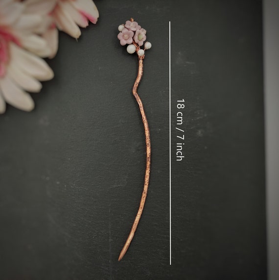 Kanzashi japonés para el cabello con flores rosas y piedras naturales,  palito para el cabello en forma de rama de árbol -  España