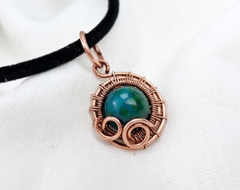 Art Deco pendant with chrysocolla in baroque style, copper pendant jewelry set, copper wire wrap pendant