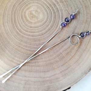 Set 2 Amethyst Hair Sticks, Silver Hair Sticks, Hair Bow For Chignon, Updo Hair Accessory