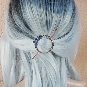 small fine hair clip, small circular copper wire barrette with sodalite beads