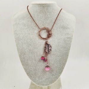 Layered necklace whit pink agate beads, copper wire pendant necklace for women, Christmas gift for her zdjęcie 2