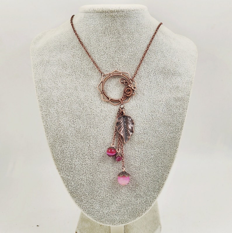 Layered necklace whit pink agate beads, copper wire pendant necklace for women, Christmas gift for her zdjęcie 2