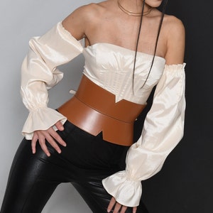 XXS - 5XL Brown V Cut Leather Corset, Hourglass wide belt, Plain leather waist belt, Curved leather wide Corset