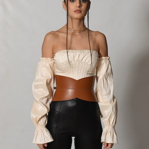 XXS - 5XL Brown Leather Corset, Hourglass wide belt, Plain leather waist belt, Curved leather wide Corset