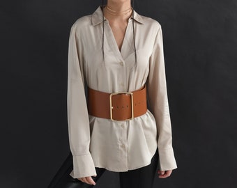 11 cm 4 inch Brown Leather Wide Waist belt,  Maxi oversized buckle Leather Coat belt