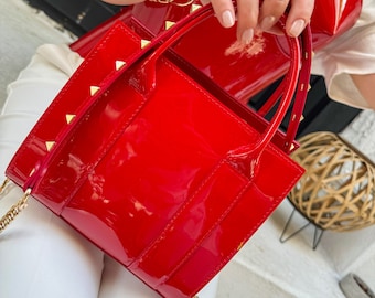 バッグ Coach Red Madison Patent Leather Handbag Coach Madison Patent Patented Glossy Red Leather Tote