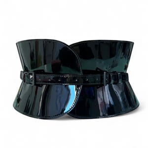 XXS - 5XL Black Patent Double buckle Leather Corset, Hourglass Curved wide Plain leather waist belt