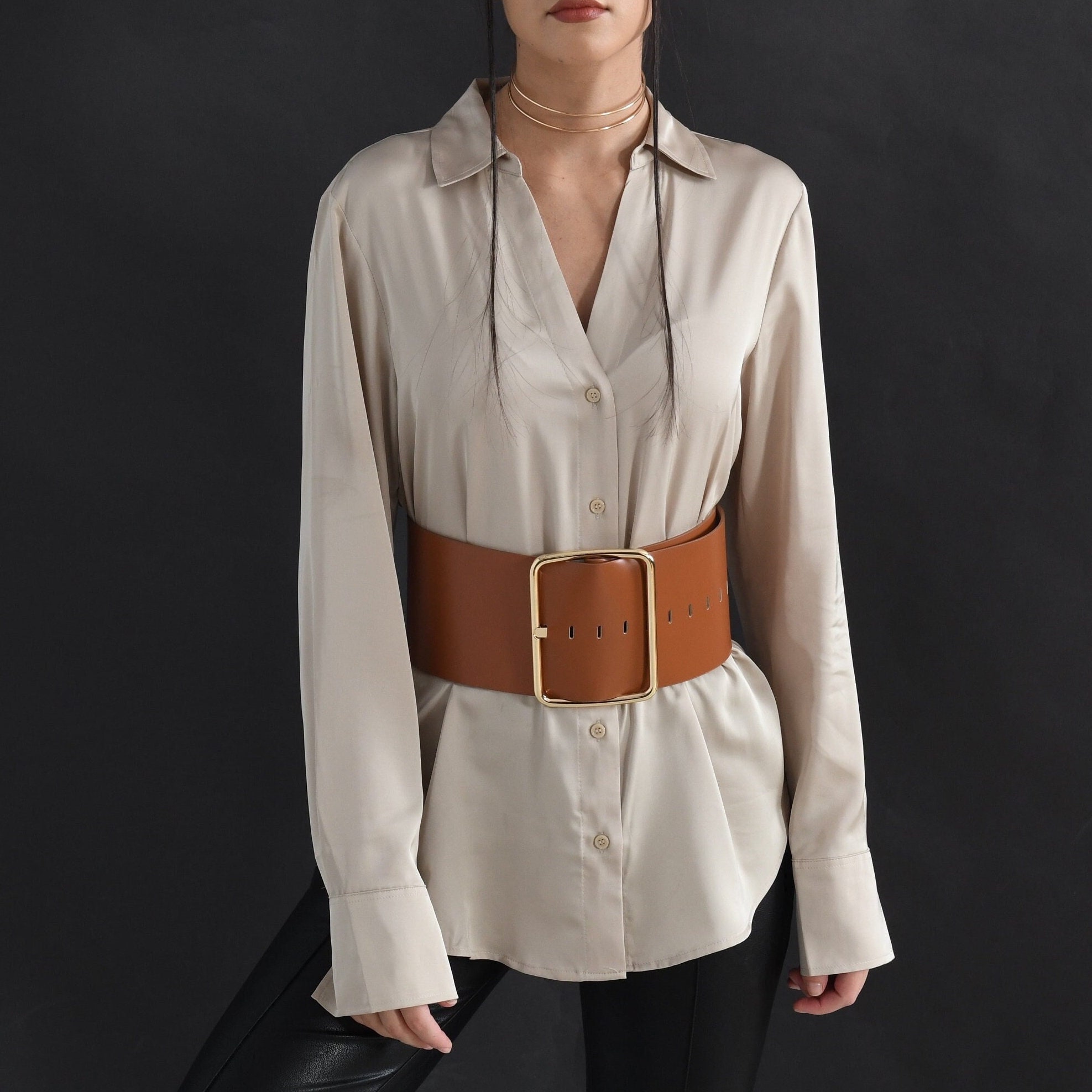 【cacharel】 BROWN LEATHER wide BELT Vintage Cacharel Brown Reptile Leather Tortoise Buckle Stud