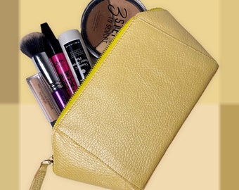 Trousse de maquillage en cuir jaune, étui à cosmétiques