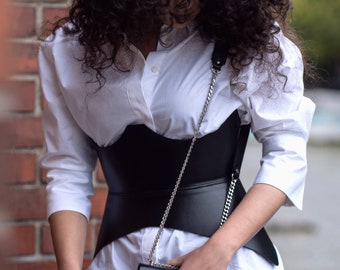 XO Black Leather Corset, XXS-5XL Hourglass wide belt, Plain leather belt hips and waist, Curved leather wide Corset