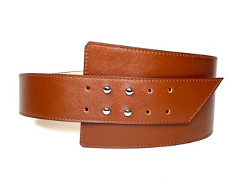 Brown Leather Wide Waist Belt – Geometric Design, Plus Size