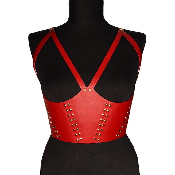 XXS 3XL RED Leather Under-bust Studs Bra Line Corset, Plain Wide