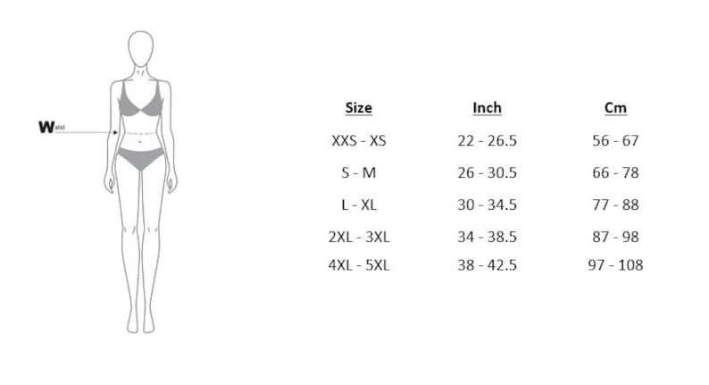 May include: A diagram showing waist size measurements in inches and centimeters. Sizes range from XXS-XS (22-26.5 inches, 56-67 cm) to 4XL-5XL (38-42.5 inches, 97-108 cm). A line drawing of a person indicates where to measure the waist.