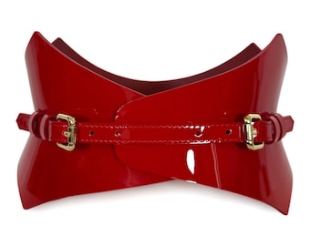 XXS-3XL Cintura in pelle verniciata con spine rosse, cintura larga, corsetto a vita larga in pelle avvolgente