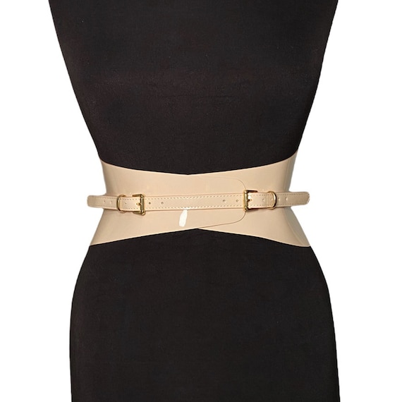 Nude Patent Slim Leather Corset Belt – Waist Wrap Gold  display picture 2