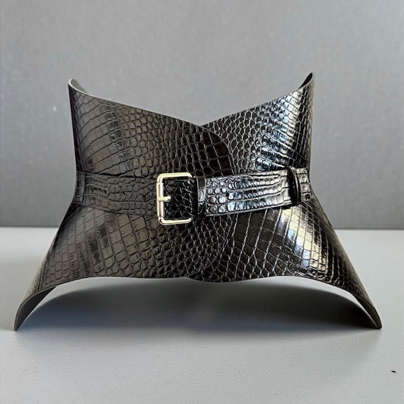 Hallo Black Croco Leather Corset Belt, Hourglass Waist Shaper, Plus size Obi Belt