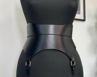 Wide Garters Leather Corset Belt - Black Plus size Obi belt Waist Cincher with Suspender Detail