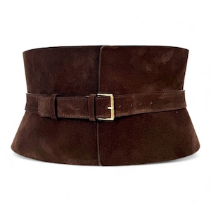XXS - 5XL Brown Double buckle Suede Leather Corset, Hourglass Curved wide Plain leather waist belt