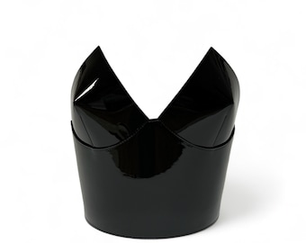 May include: A black patent leather bustier top with a V-neckline.