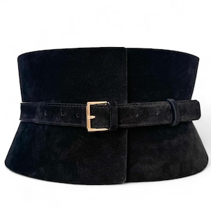 XXS - 5XL Black buckle Suede Leather Corset, Hourglass Curved wide Plain leather waist belt